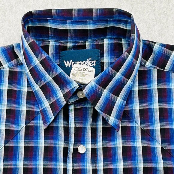 Wrangler Western Pearl Snap Plaid Shirt Size M Long Sleeve Blue Cotton Cowboy - Picture 3 of 10